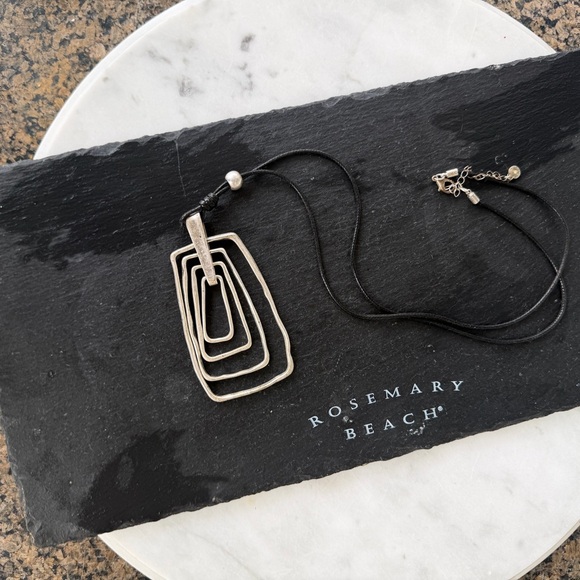 Silver Geometric Silver Heavy Pendant Long Leather Cable Cord Necklace w Pearl - Picture 4 of 17